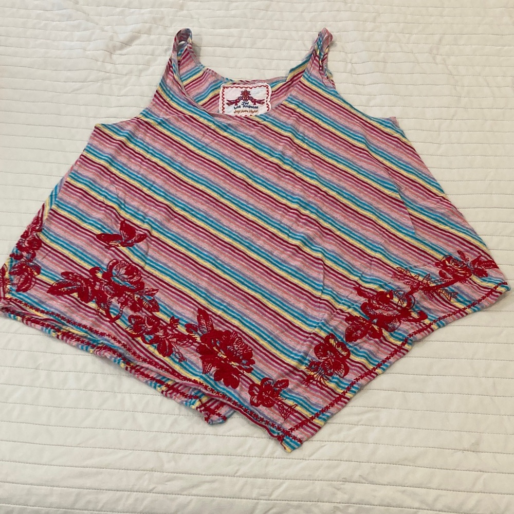 Striped Multicolor Tank Top with Red Floral Accents